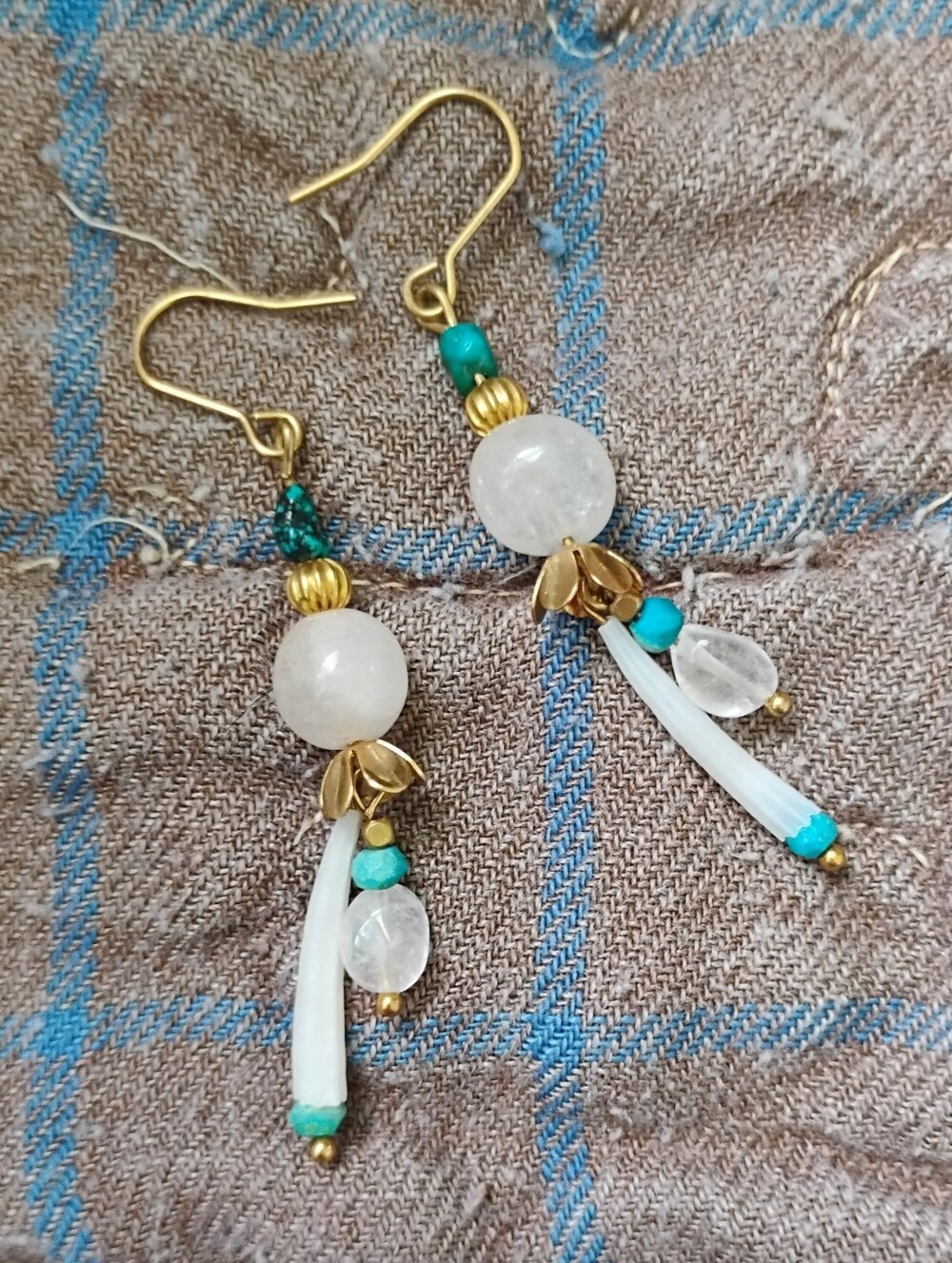Tusk Shell, Turquoise, and Quartz Handmade Earrings